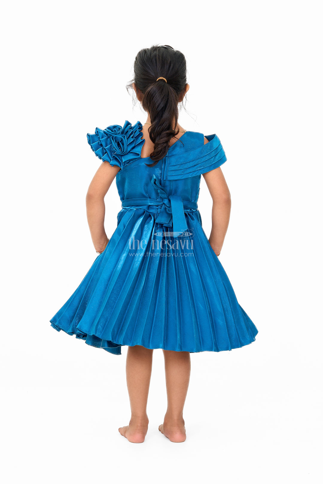 Teal Blue Glaze Organza Asymmetrical Party Frock with Stone Belt Embellishment for Girls