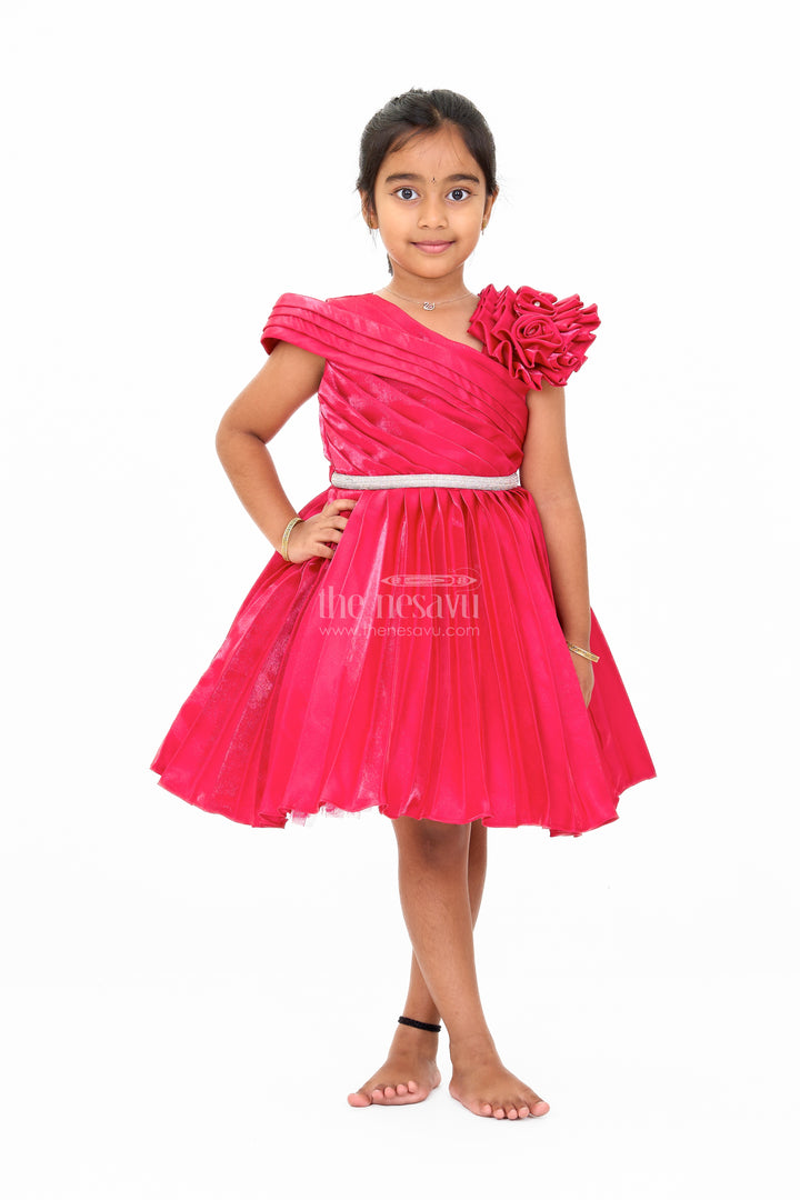 Girls Burgundy One-Shoulder Fancy Party Frock with Floral Applique