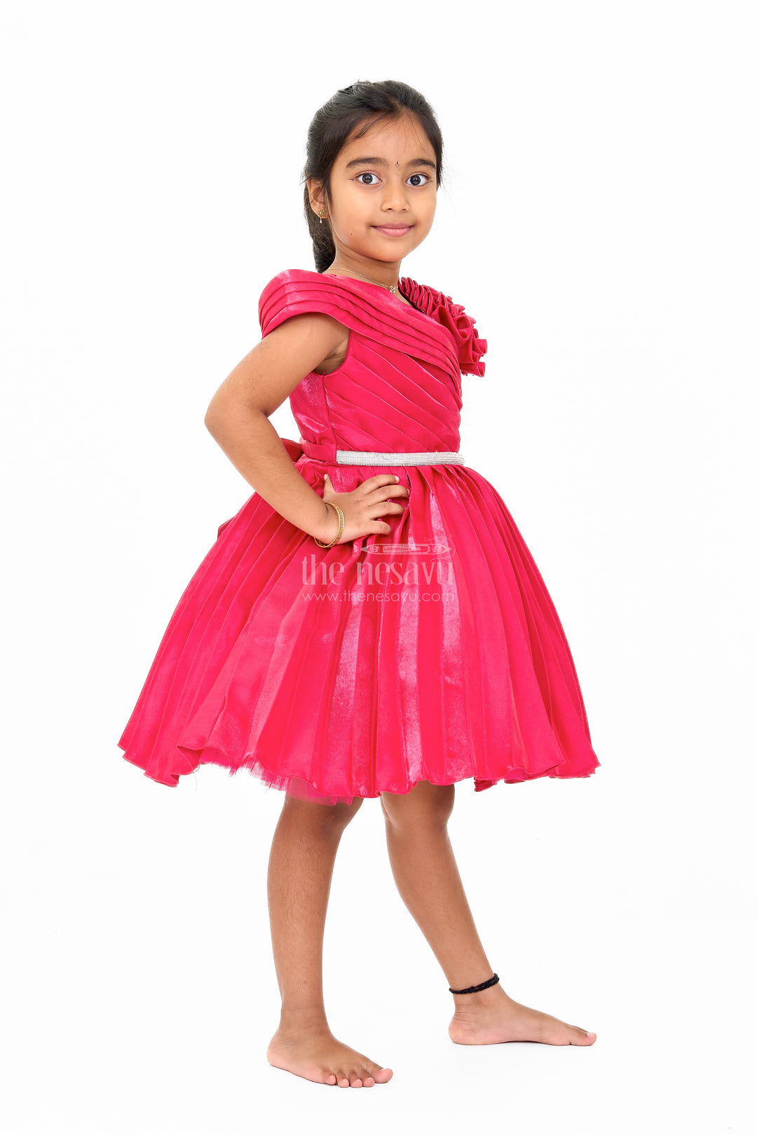 Girls Burgundy One-Shoulder Fancy Party Frock with Floral Applique