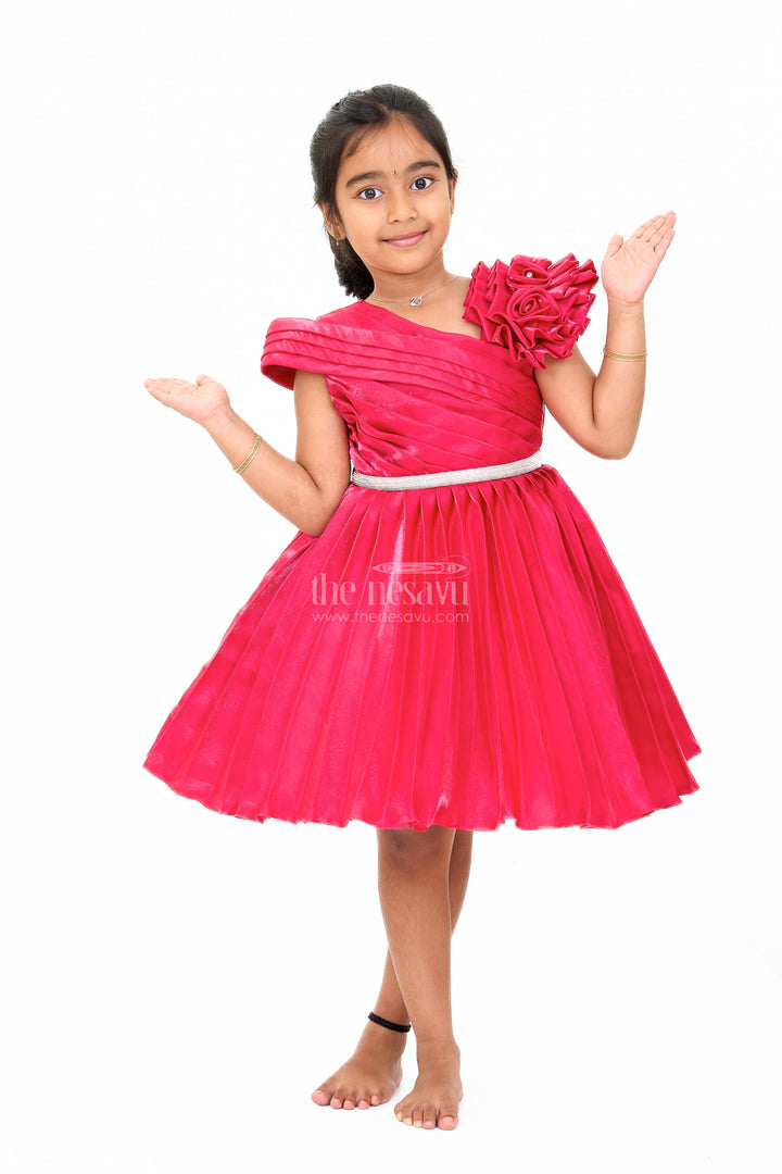 Girls Burgundy One-Shoulder Fancy Party Frock with Floral Applique