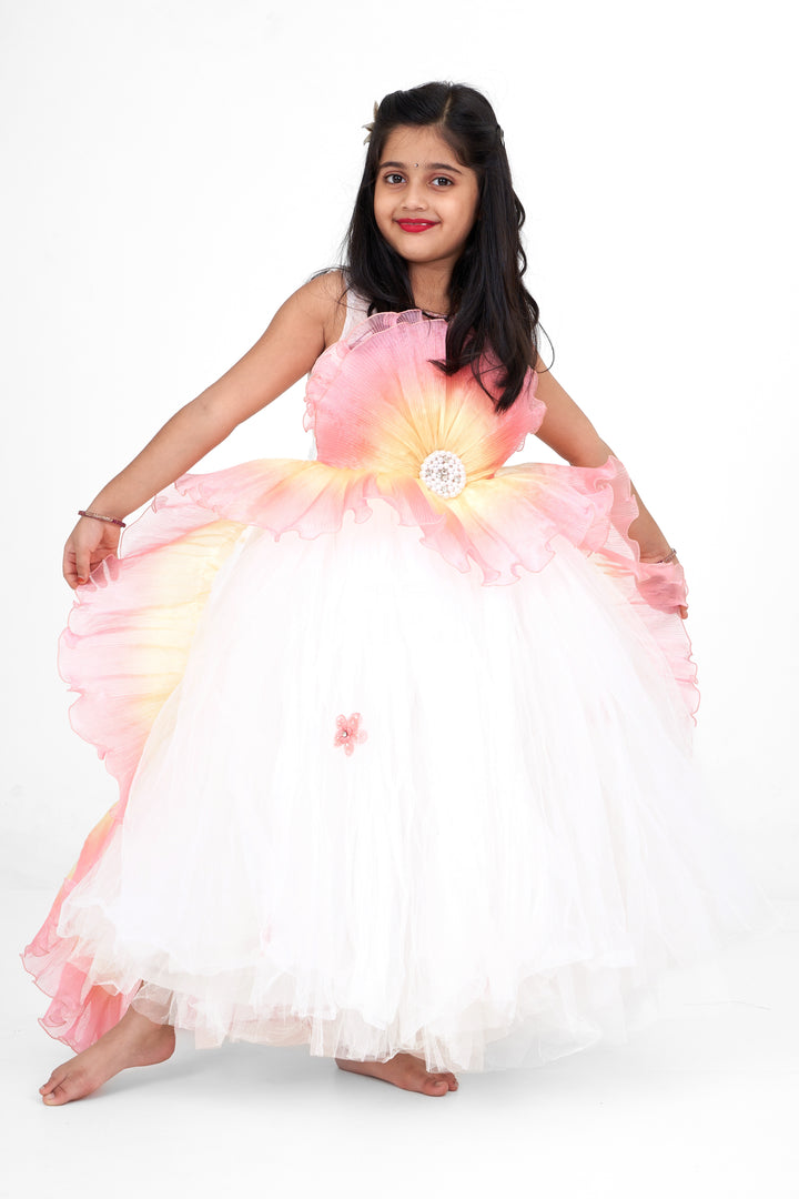 Elegant Girls Party Long Frock in Silk with Tulle Overlay and Butterfly Appliques