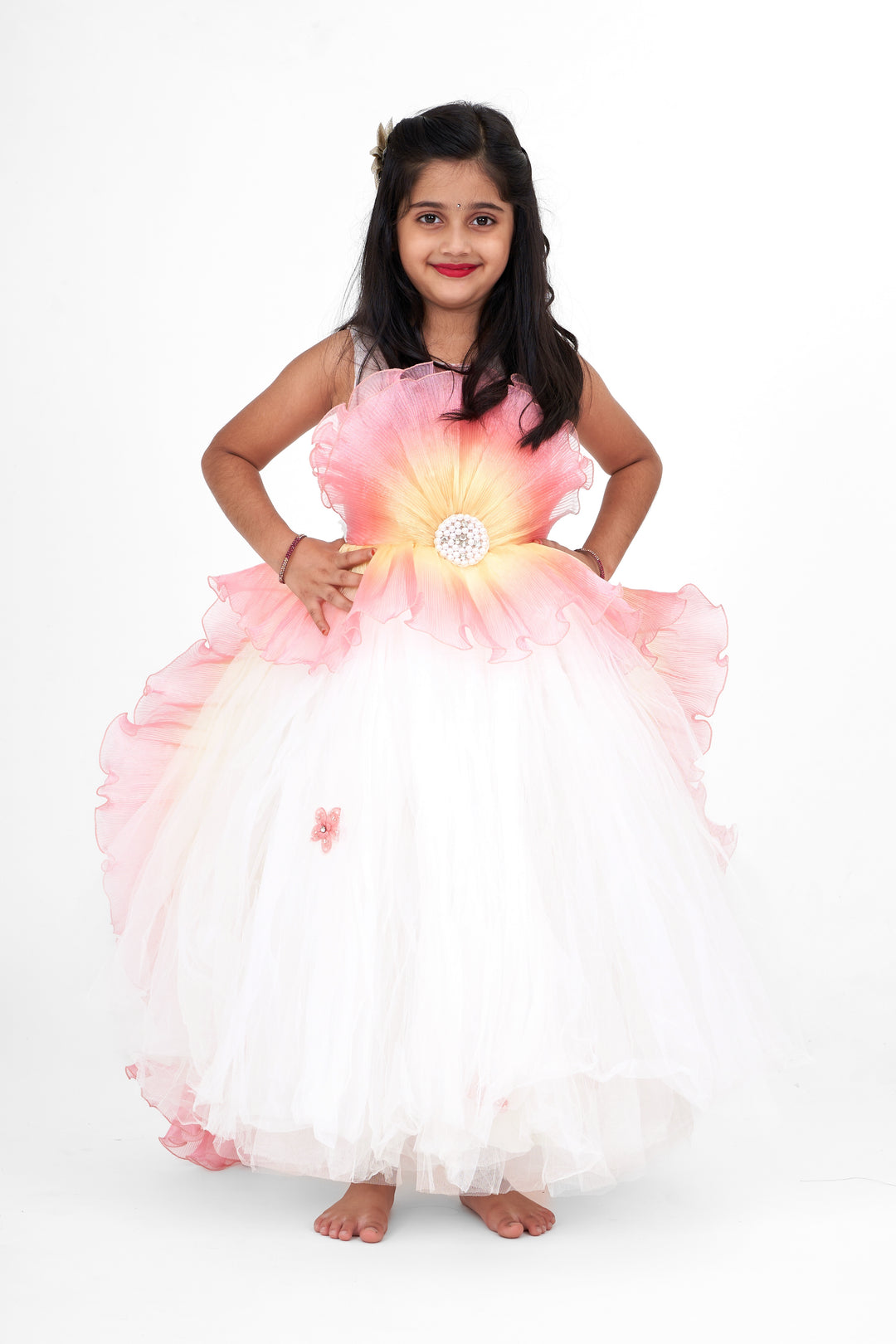 Elegant Girls Party Long Frock in Silk with Tulle Overlay and Butterfly Appliques