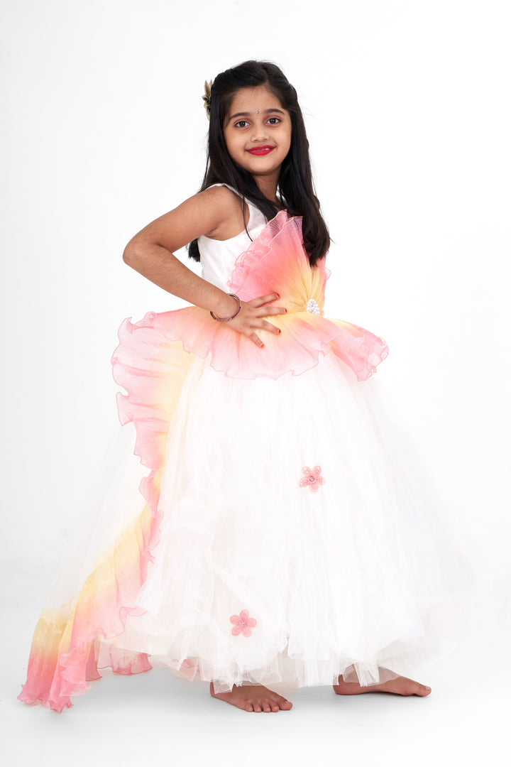 Elegant Girls Party Long Frock in Silk with Tulle Overlay and Butterfly Appliques