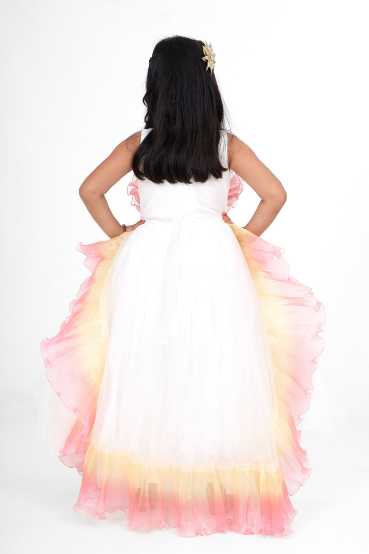 Elegant Girls Party Long Frock in Silk with Tulle Overlay and Butterfly Appliques