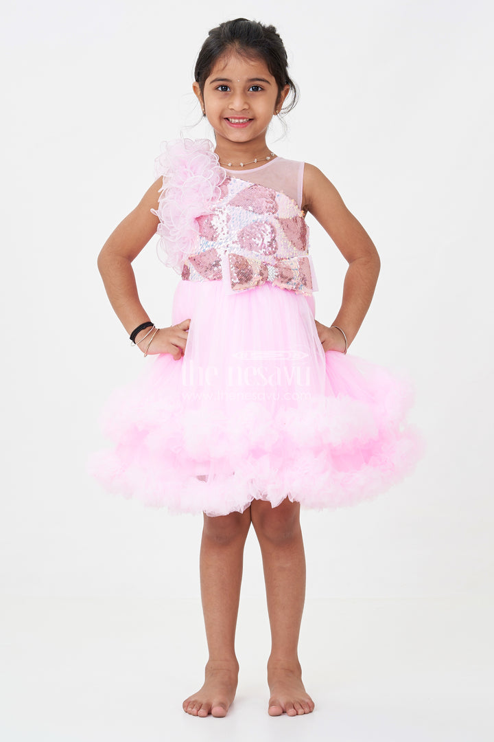Pink Birthday Dress for Girls in Net with Ruffle Layers and Sequinned Yoke and Bow