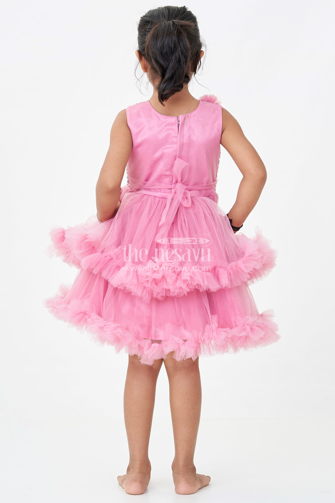 Pink Party Wear Dress for Girls in Net with Sequin Bodice and Frill Layered Skirt