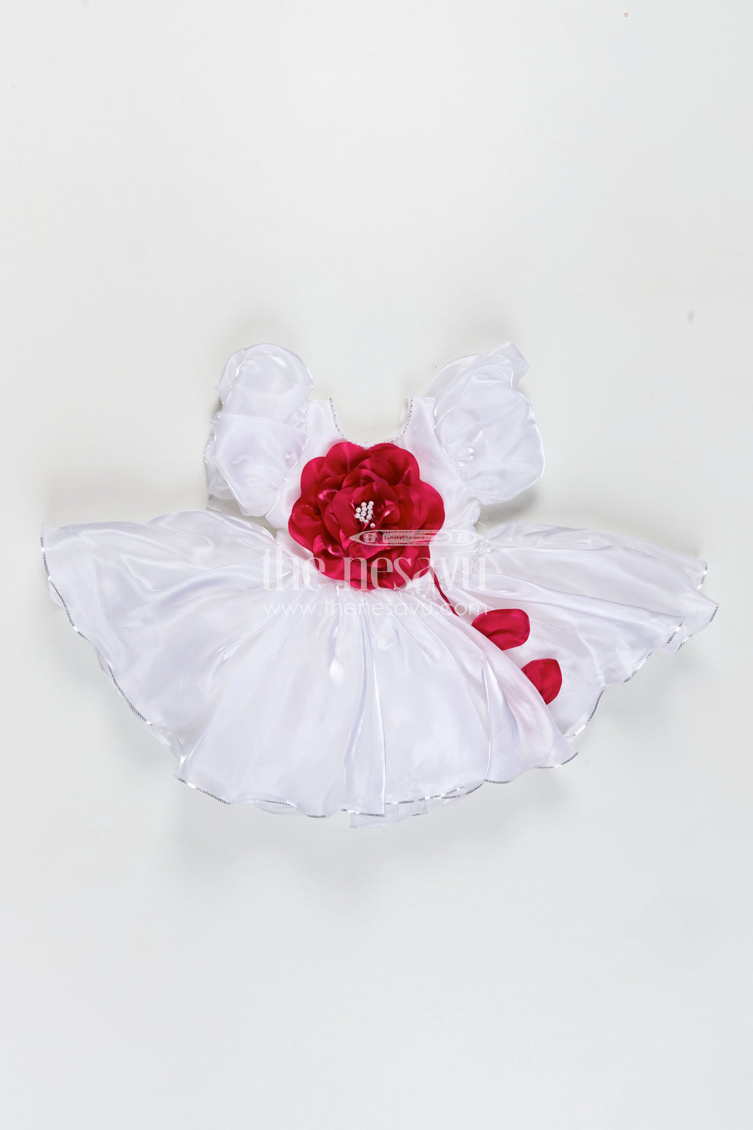 Girls Satin new simple frock design with Puffy Sleeves and Oversized Floral Embellishment
