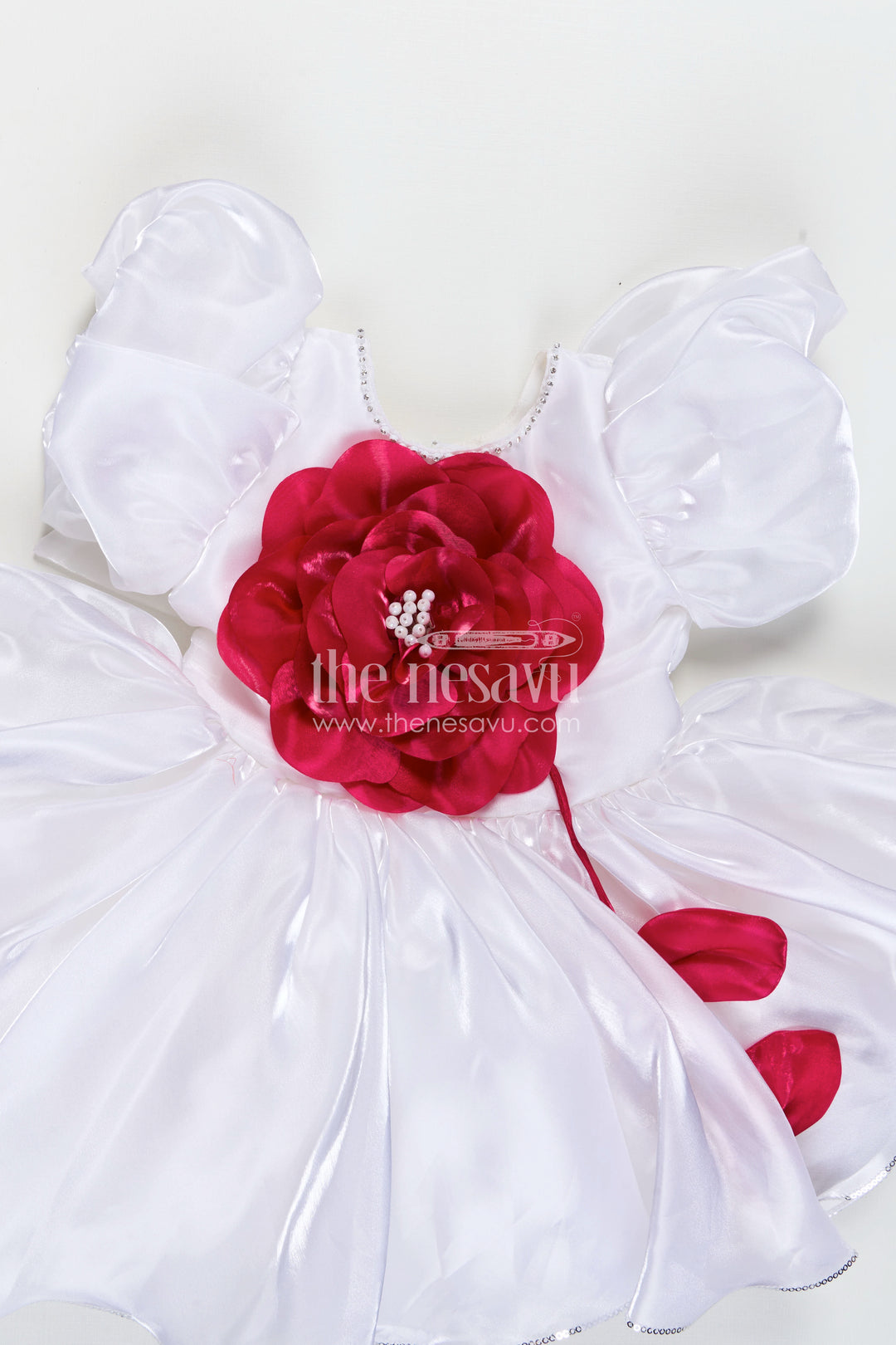 Girls Satin new simple frock design with Puffy Sleeves and Oversized Floral Embellishment
