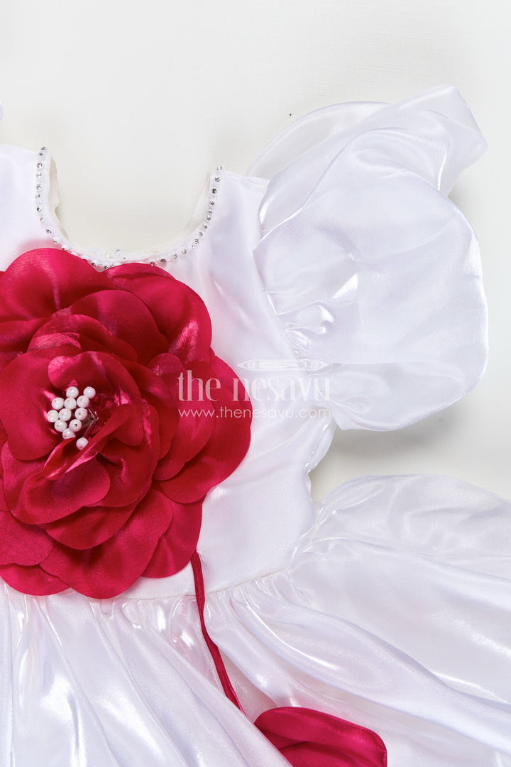 Girls Satin new simple frock design with Puffy Sleeves and Oversized Floral Embellishment