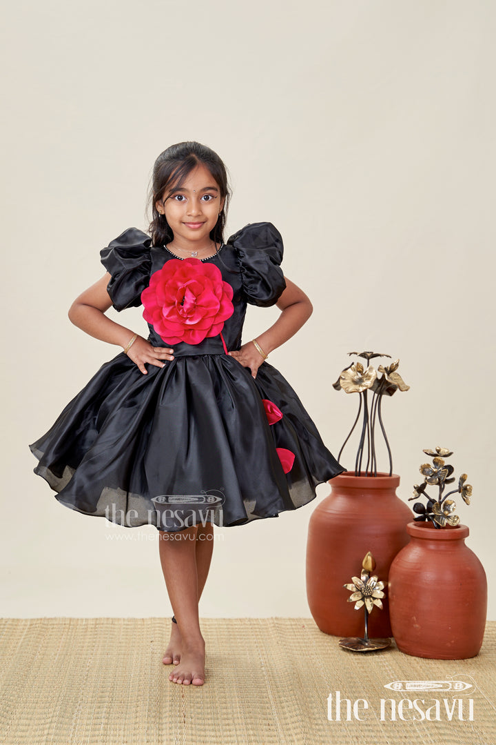 Girls Black Satin frock ke design new with Puffy Sleeves and Red Floral Accent for Stylish Comfort