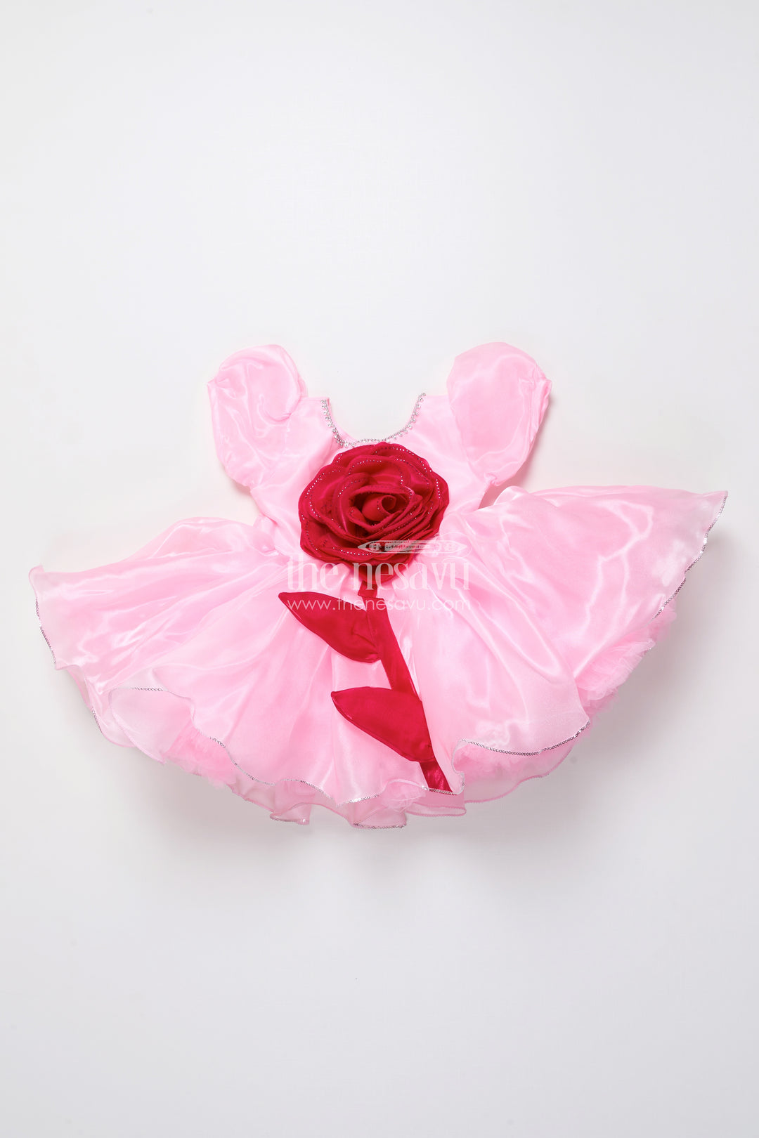 Baby girl satin party frock with 3D flower for birthdays and photoshoots