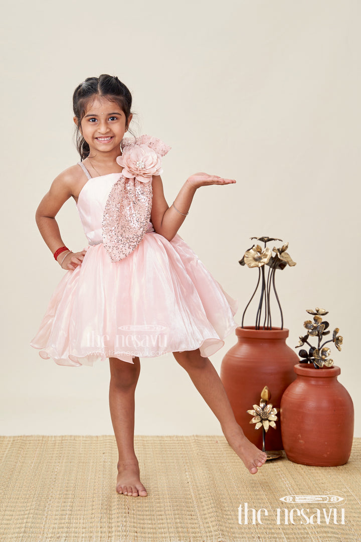 Girls Glaze Organza latest frock model in Peach with Sequin Embellishment and 3D Floral Design
