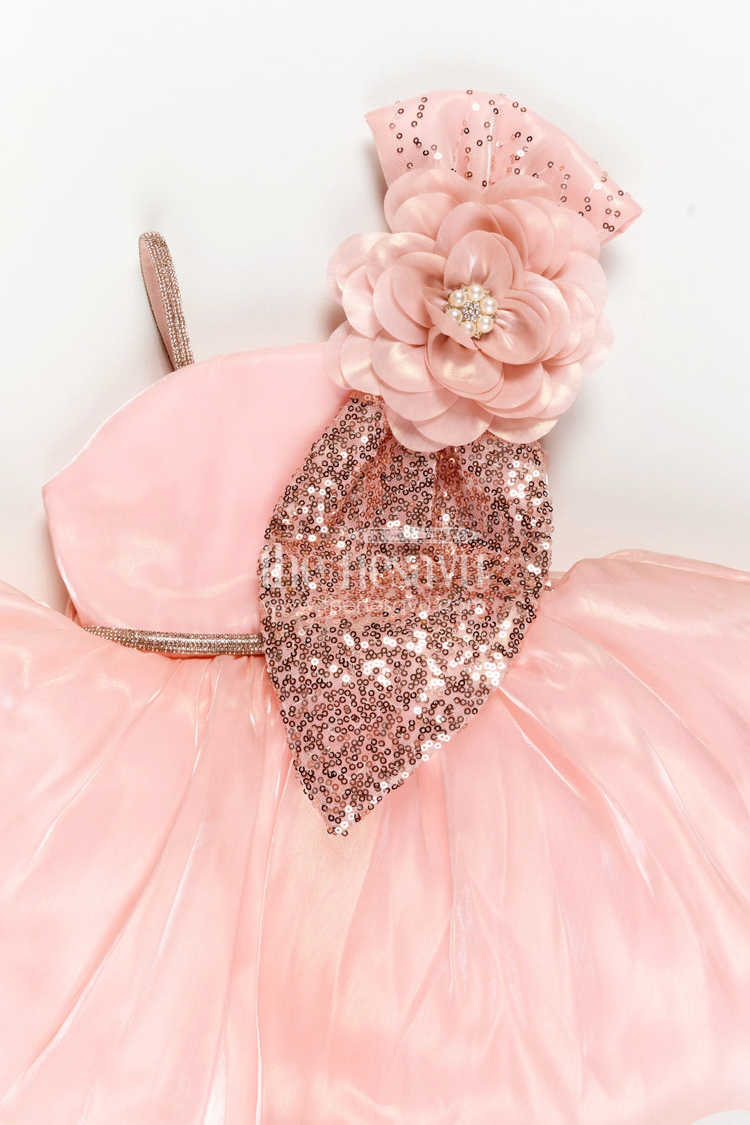 Girls Glaze Organza latest frock model in Peach with Sequin Embellishment and 3D Floral Design