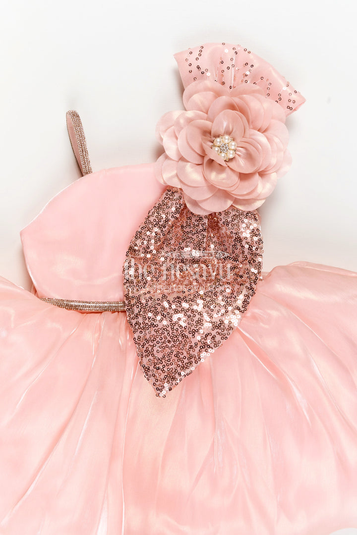 Girls Glaze Organza latest frock model in Peach with Sequin Embellishment and 3D Floral Design