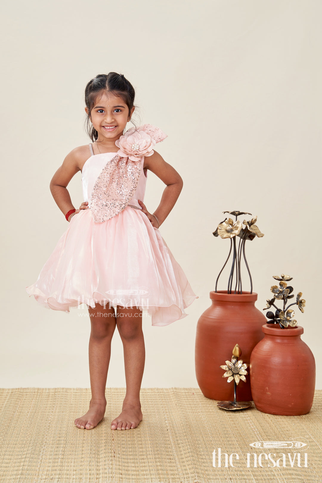 Girls Glaze Organza latest frock model in Peach with Sequin Embellishment and 3D Floral Design