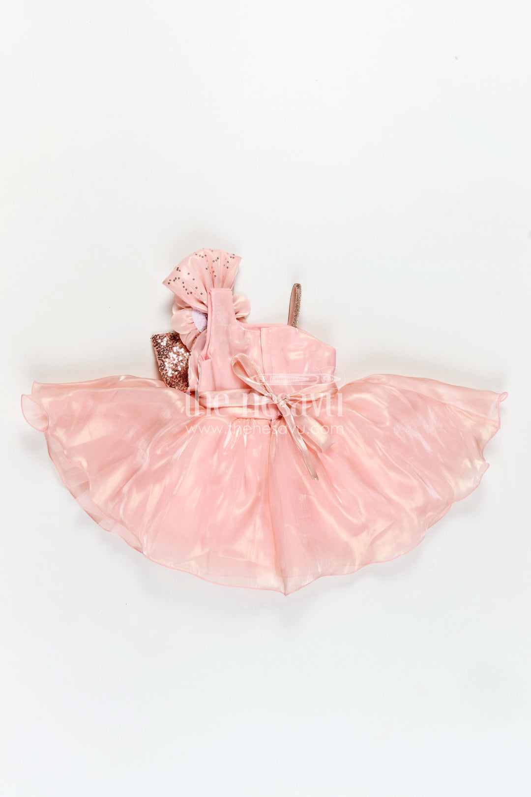 Girls Glaze Organza latest frock model in Peach with Sequin Embellishment and 3D Floral Design