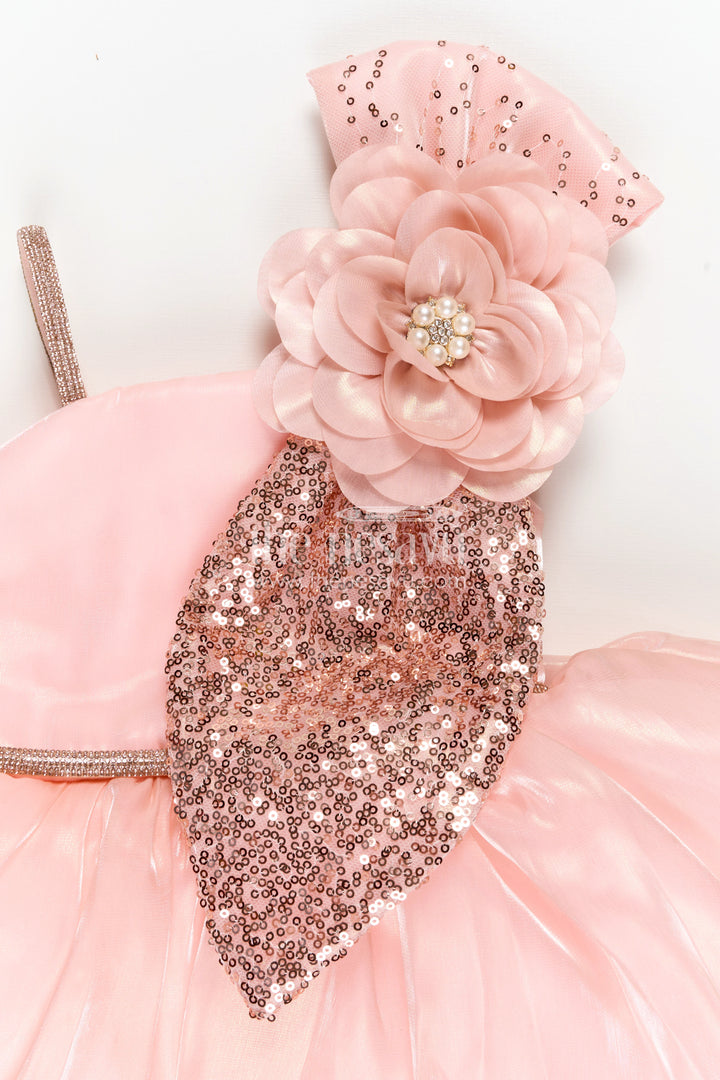 Girls Glaze Organza latest frock model in Peach with Sequin Embellishment and 3D Floral Design