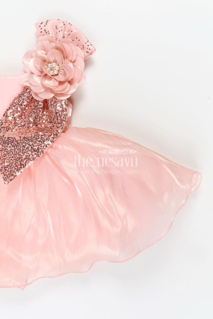 Girls Glaze Organza latest frock model in Peach with Sequin Embellishment and 3D Floral Design