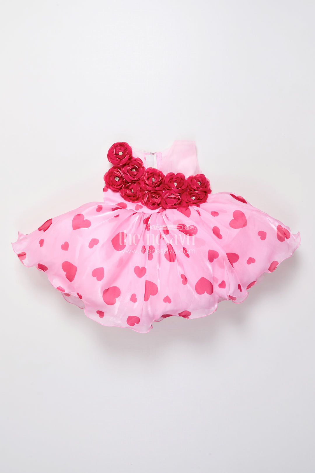 Pink satin party frock with floral embellished yoke