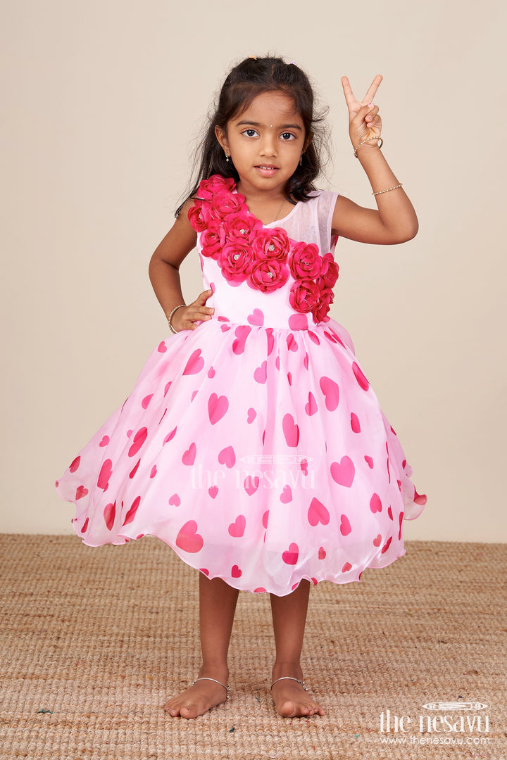 Pink satin party frock with floral embellished yoke