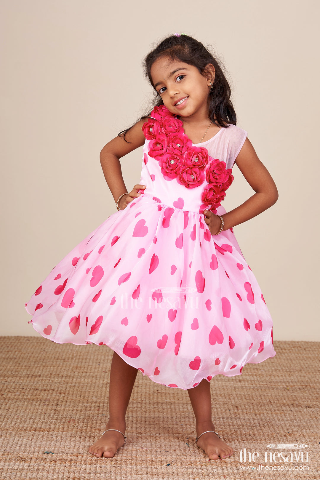 Pink satin party frock with floral embellished yoke