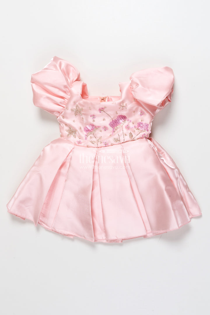 Girls Satin Party Frock with Puff Sleeves and Pleated Skirt