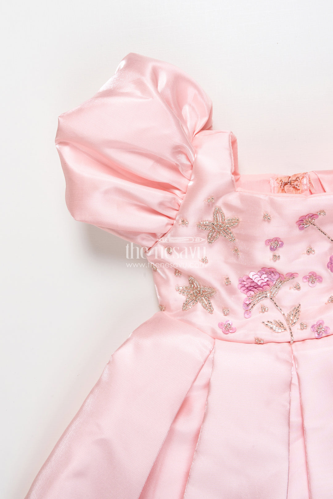Girls Satin Party Frock with Puff Sleeves and Pleated Skirt