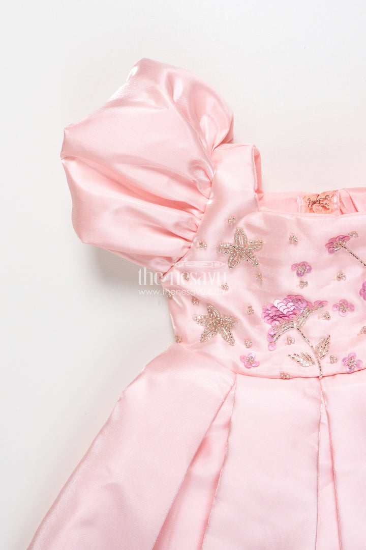 Girls Satin Party Frock with Puff Sleeves and Pleated Skirt