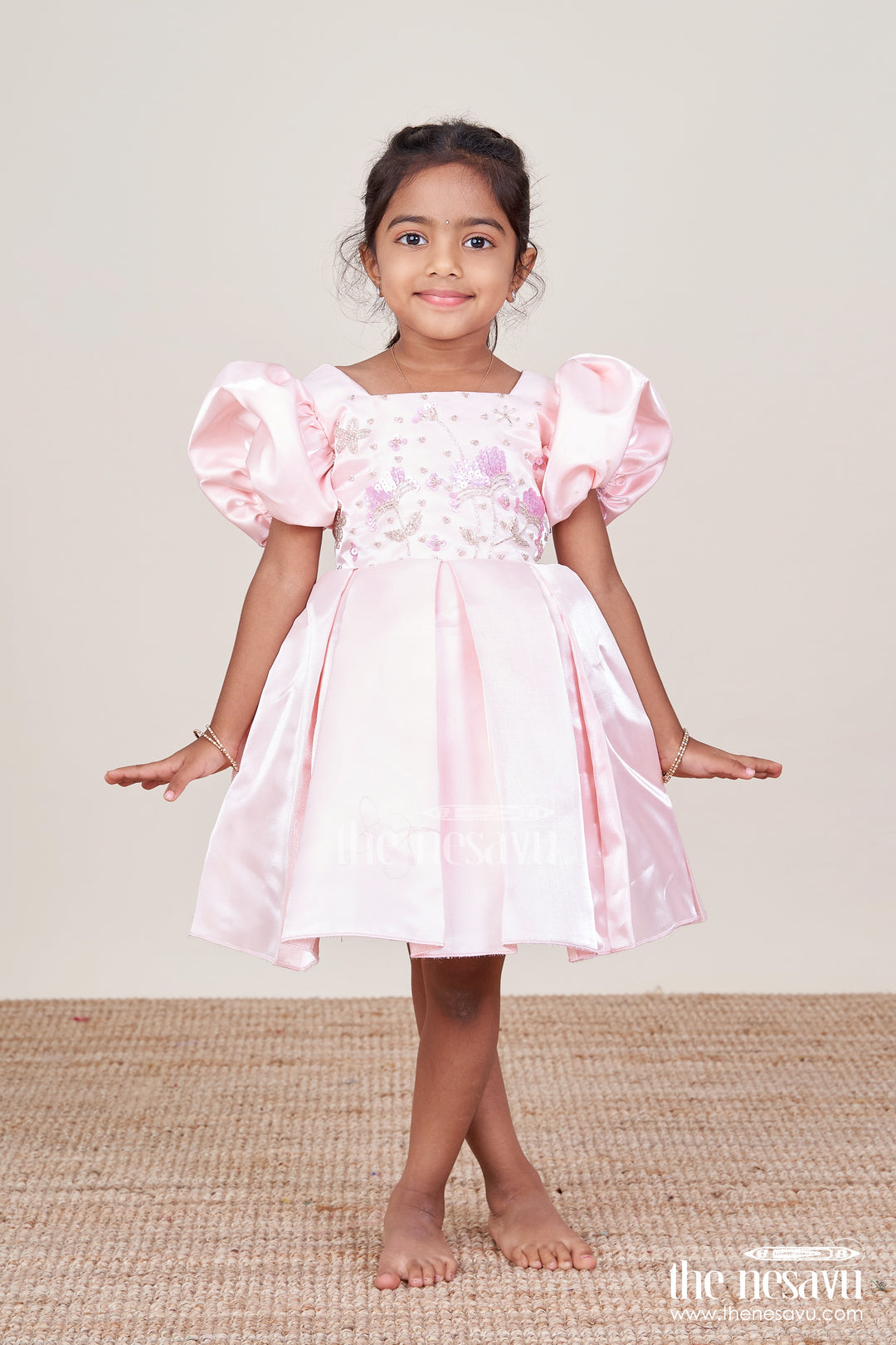 Girls Satin Party Frock with Puff Sleeves and Pleated Skirt