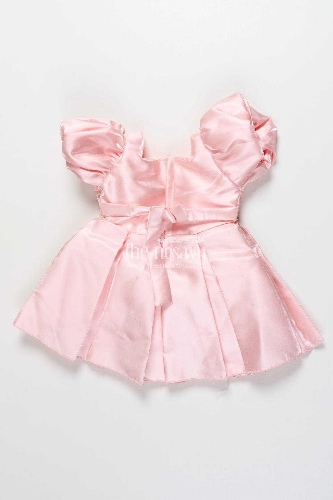 Girls Satin Party Frock with Puff Sleeves and Pleated Skirt