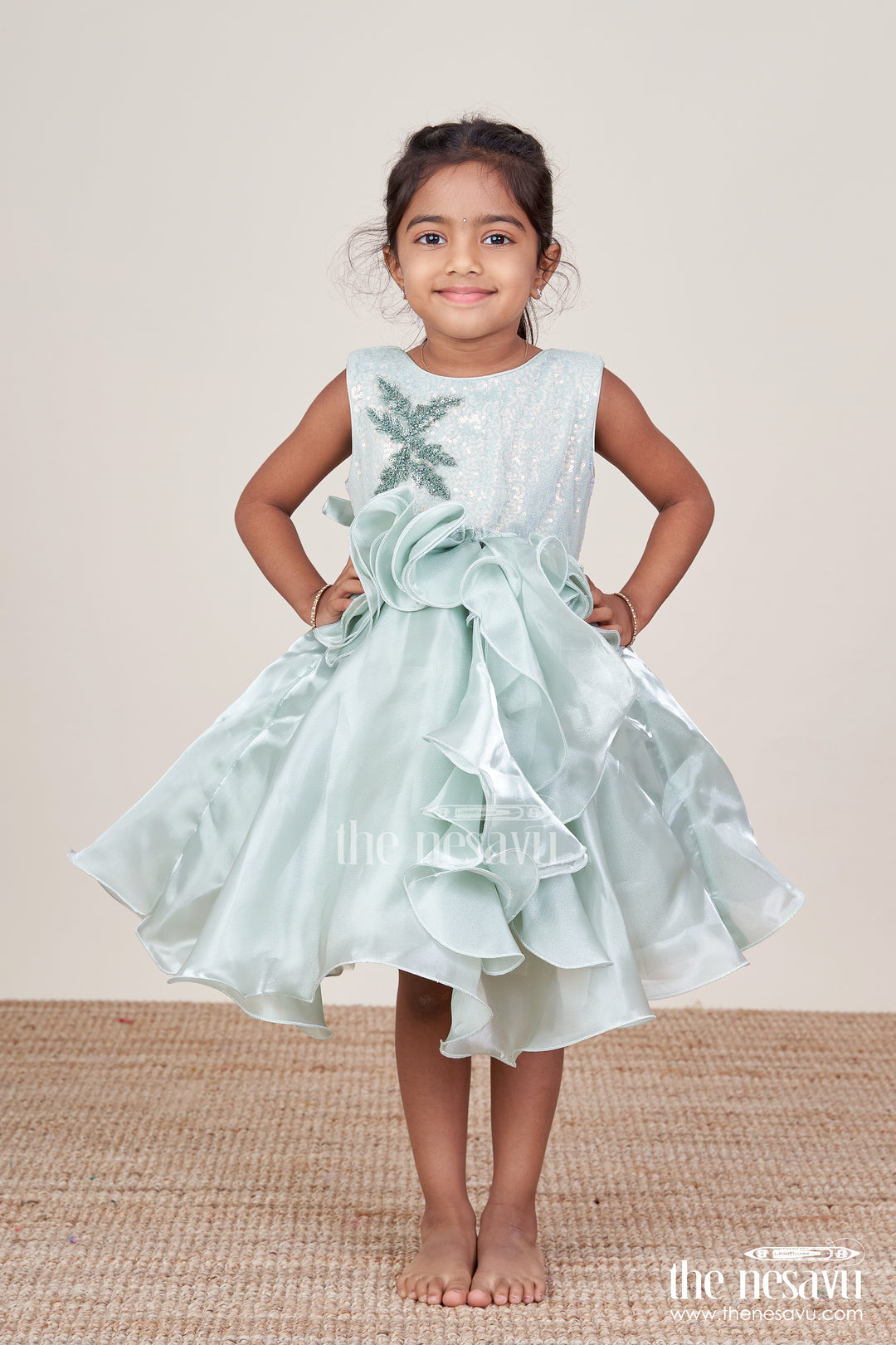 Girls Sleeveless Organza Frock with Layered Ruffle Skirt
