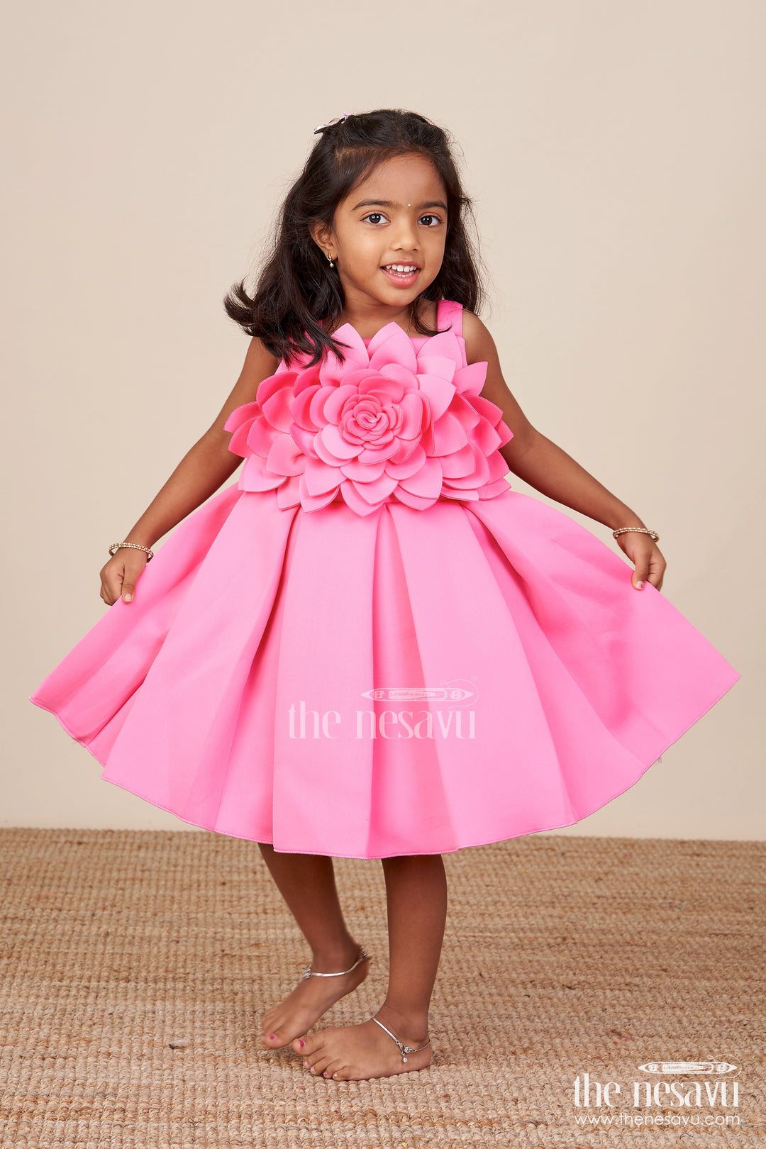 Scuba frock for baby girls with floral yoke for birthdays and special occasions