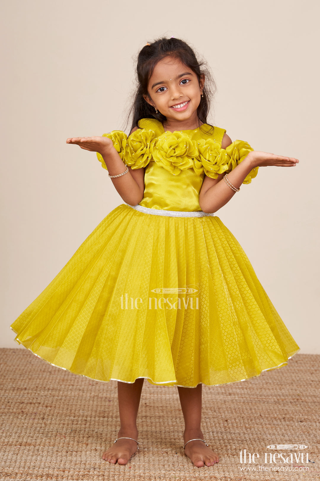 Flower-Embellished Satin Frock for Baby Girls Perfect for Parties and Receptions
