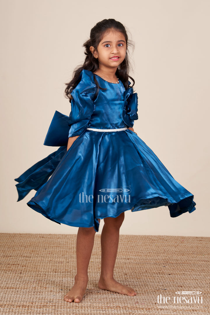 Satin girls party frock with stone embellished belt and matching bow