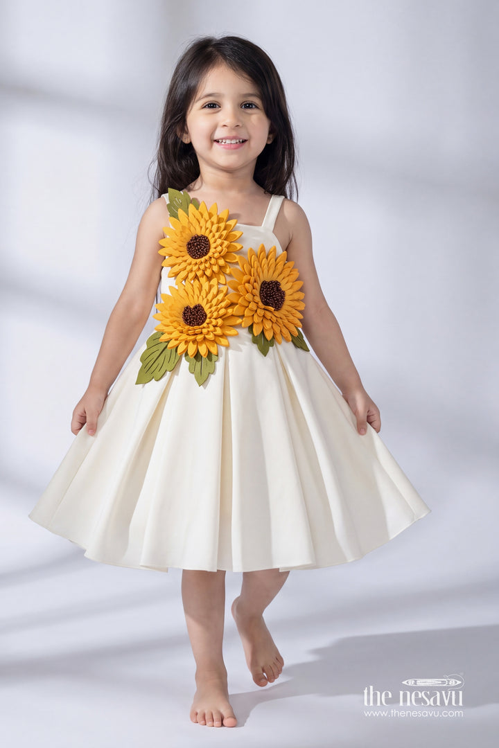 Girls Party Frock in White with Floral Detailing