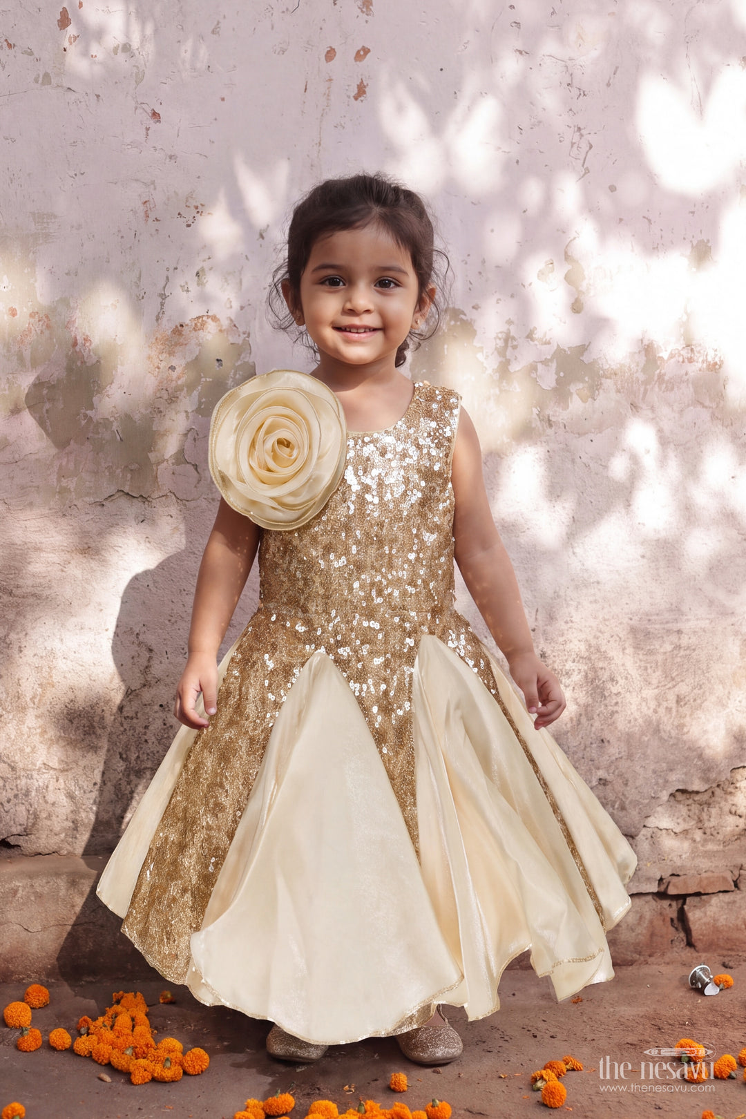 Girls Cream Satin Sequin Rosette Party Frock