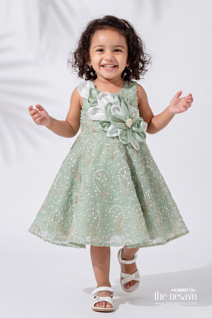 Girls Party Frock in Green with Thread Embroidery