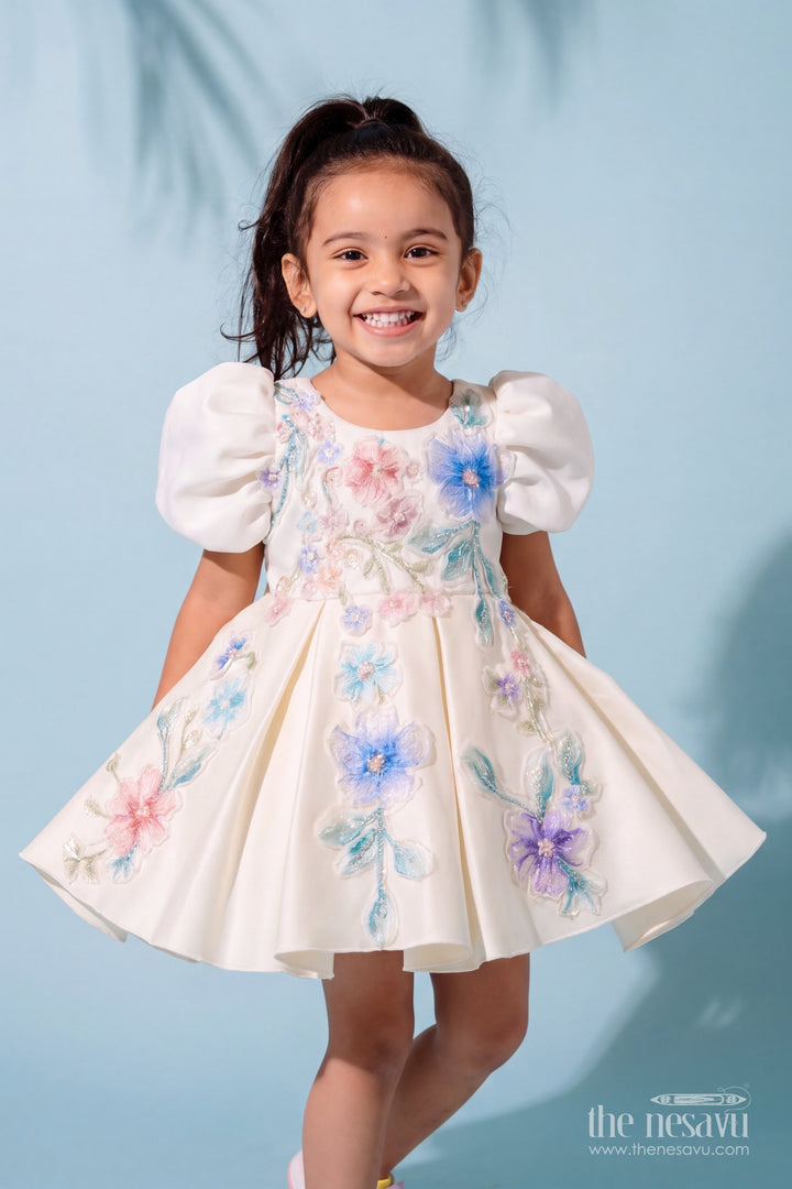Girls Party Frock in Off White with Floral Detailing