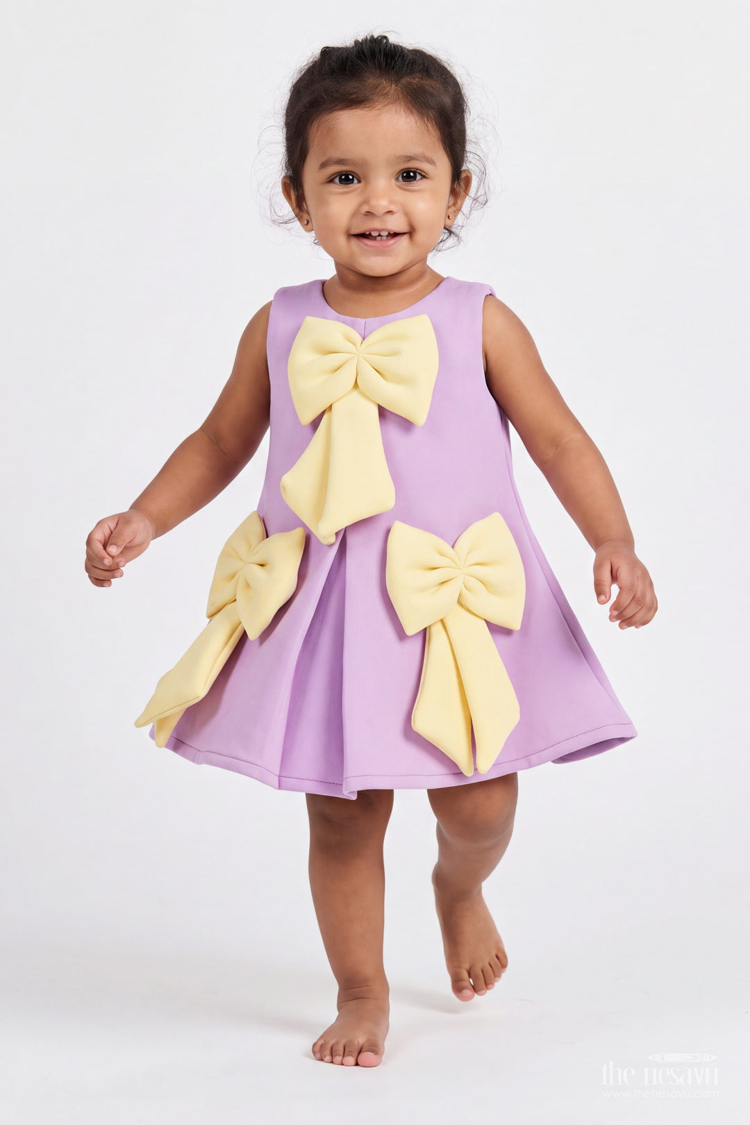 Girls Scuba Party Frock in Purple with Three Yellow Bows