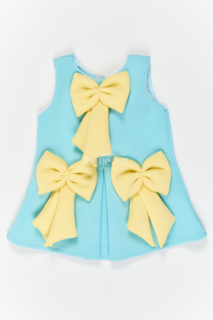 Girls Turquoise Scuba Sculptural Yellow Bows Party Frock