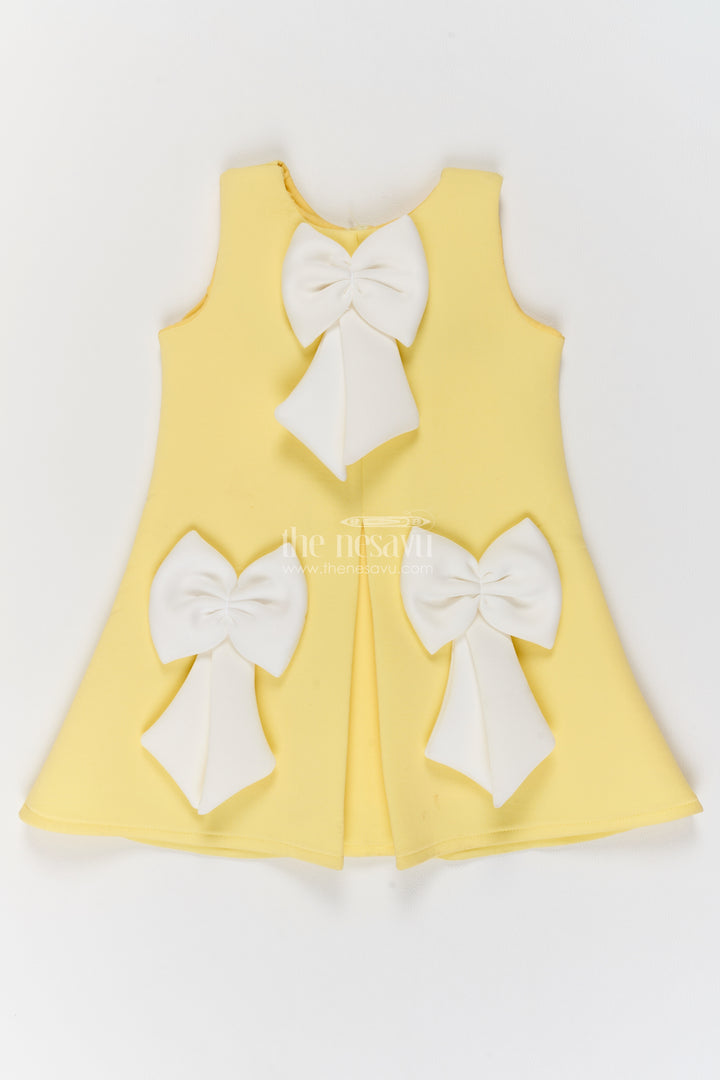 Girls Yellow Three White Bows Scuba Party Frock