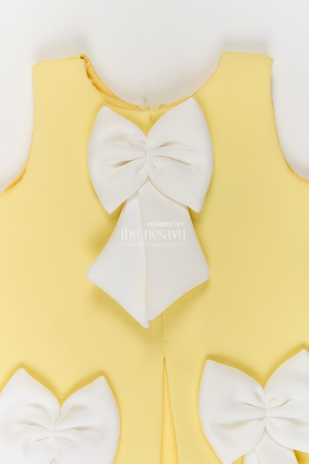 Girls Yellow Three White Bows Scuba Party Frock