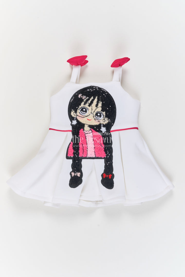 Girls White Black Scuba Character and Pink Bows Party Frock