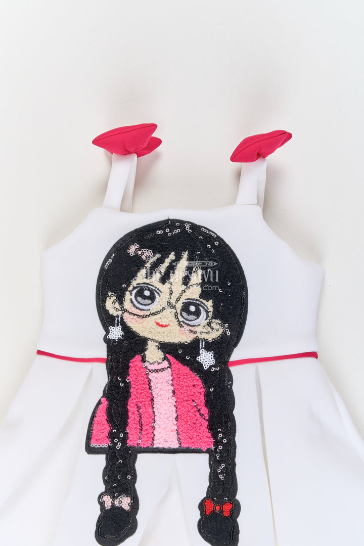 Girls White Black Scuba Character and Pink Bows Party Frock