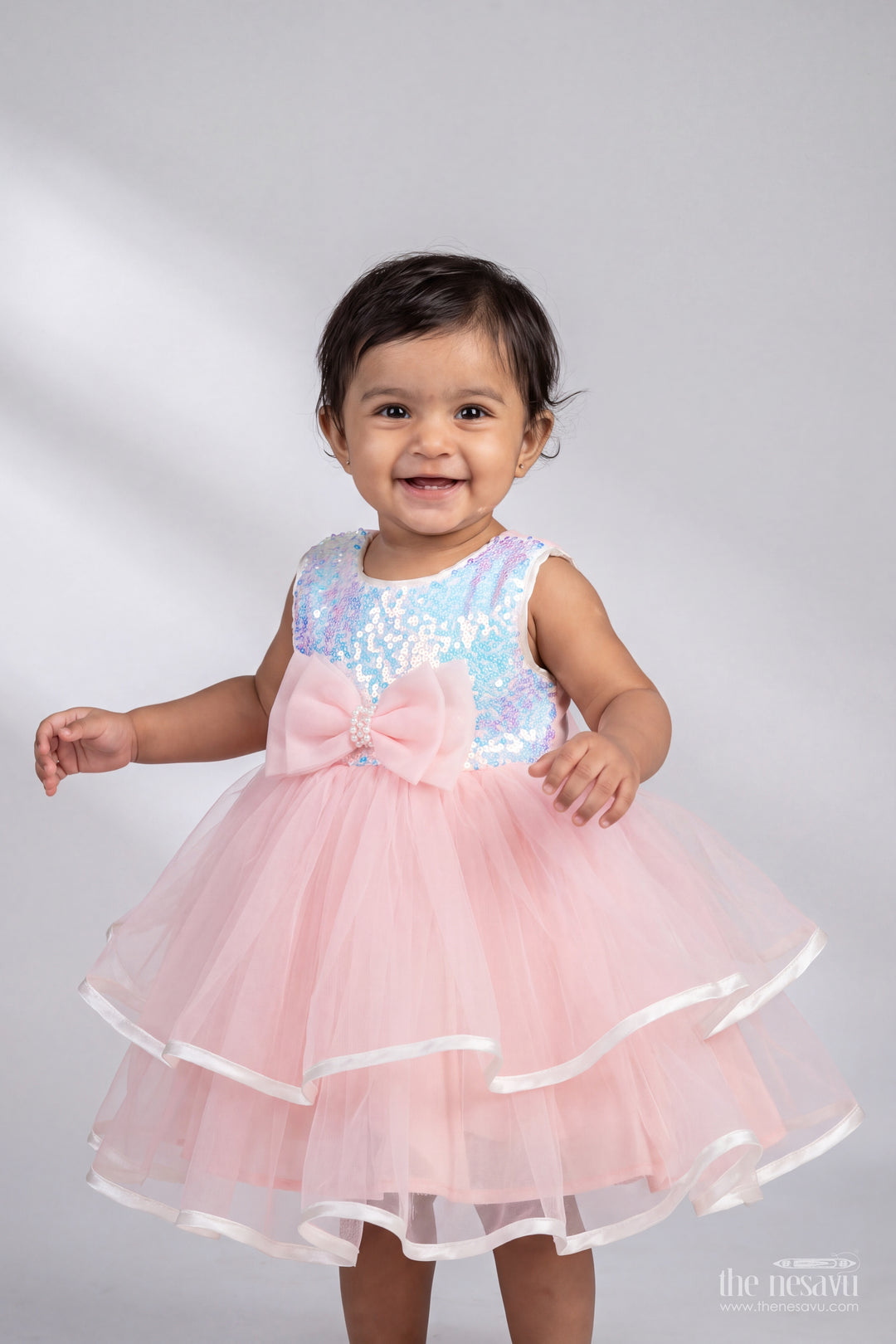 Girls Peach Floating Ribbon Layers Soft Net Party Frock