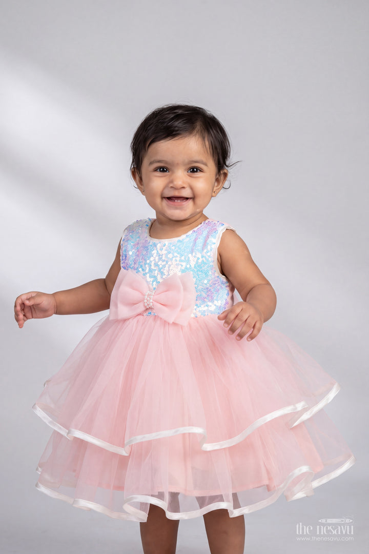 Girls Peach Floating Ribbon Layers Soft Net Party Frock