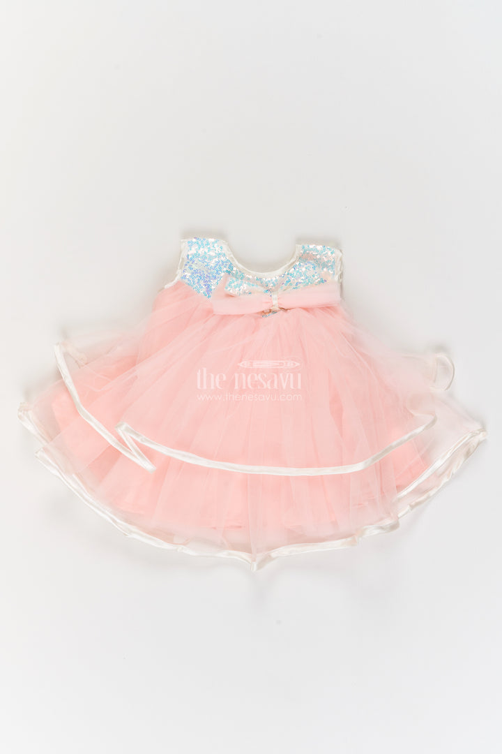 Girls Peach Floating Ribbon Layers Soft Net Party Frock