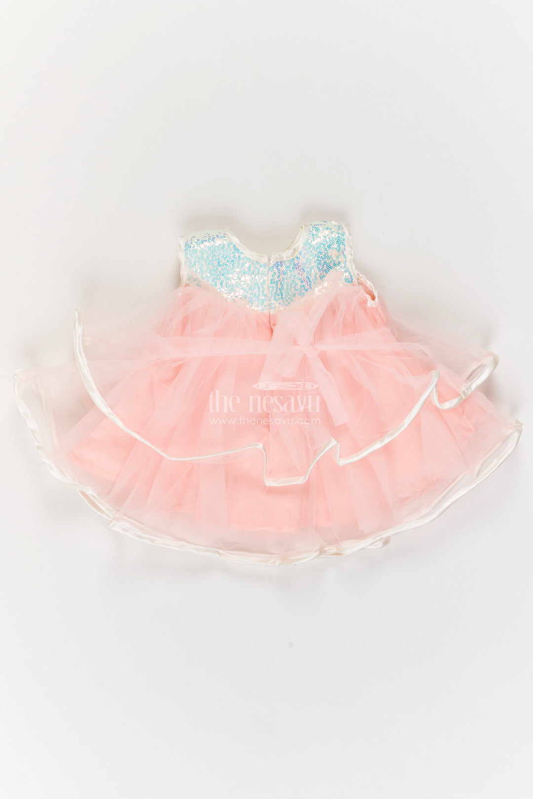 Girls Peach Floating Ribbon Layers Soft Net Party Frock