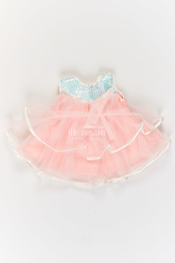Girls Peach Floating Ribbon Layers Soft Net Party Frock