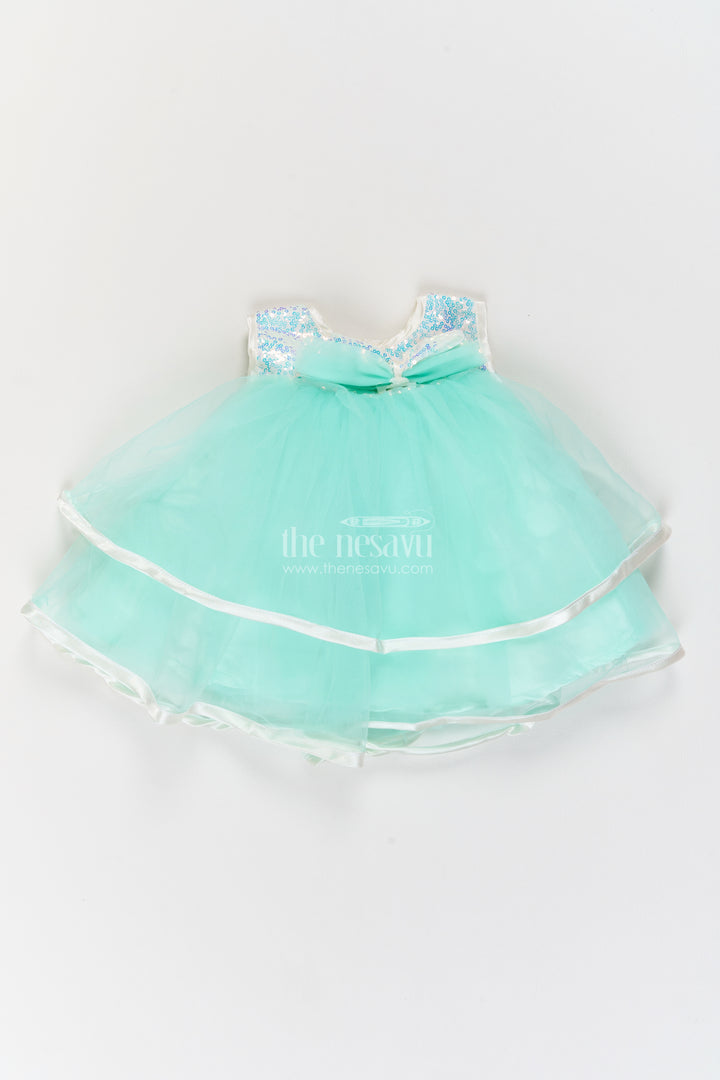 Girls Soft Net Party Frock in Mint Turquoise with Sparkling Yoke Bow
